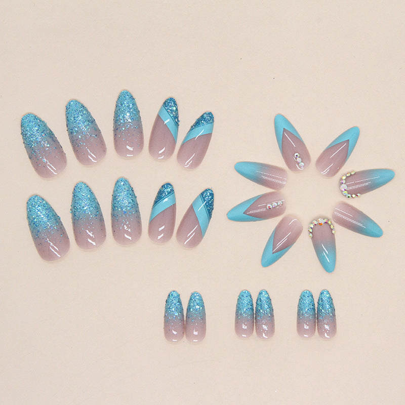 Pegatinas de uñas de polvo de polvo de polvo de diamante azul triturado de almendras en forma de almendra